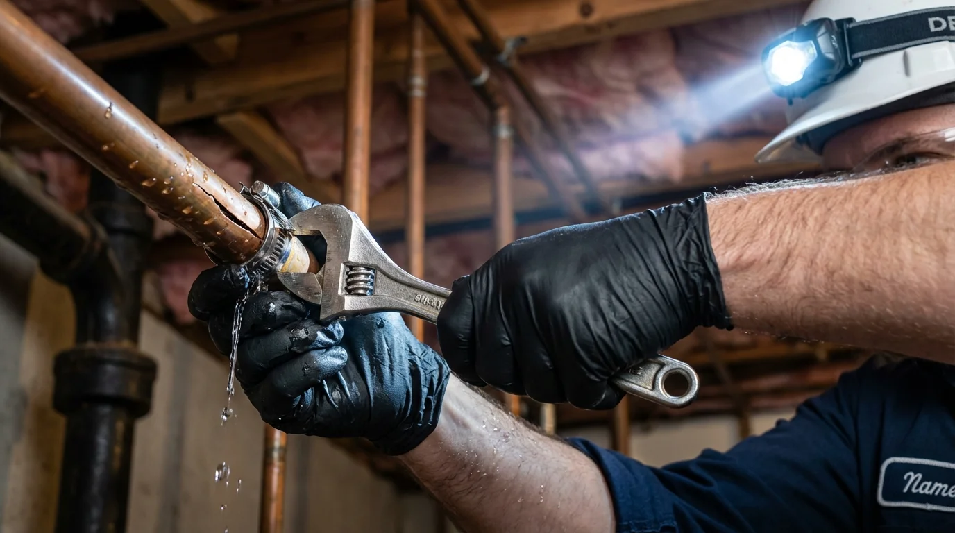 Emergency pipe clamp repair being performed by a Johns Plumbing LLC plumber in Aguadilla
