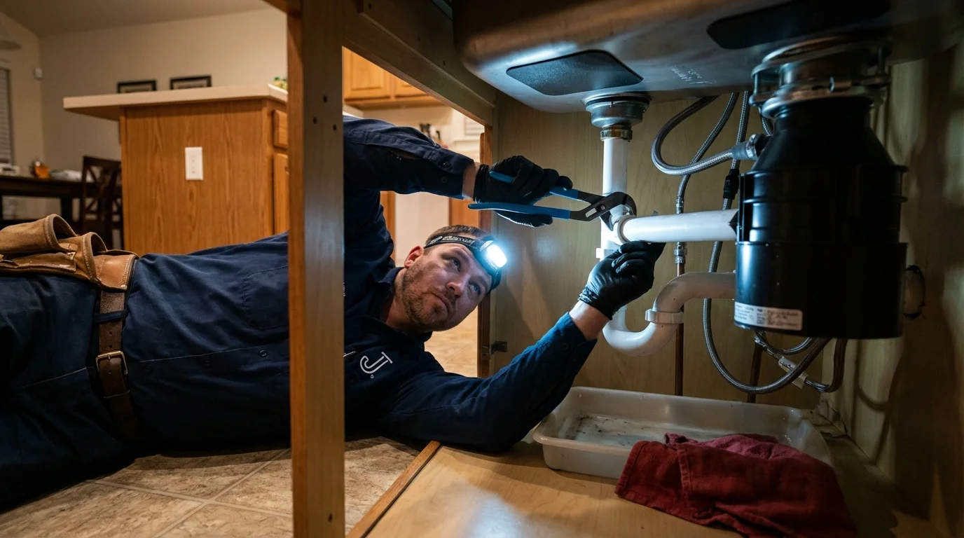 P-trap and supply line connections under a kitchen sink showing a common leak point in Aguadilla, PR